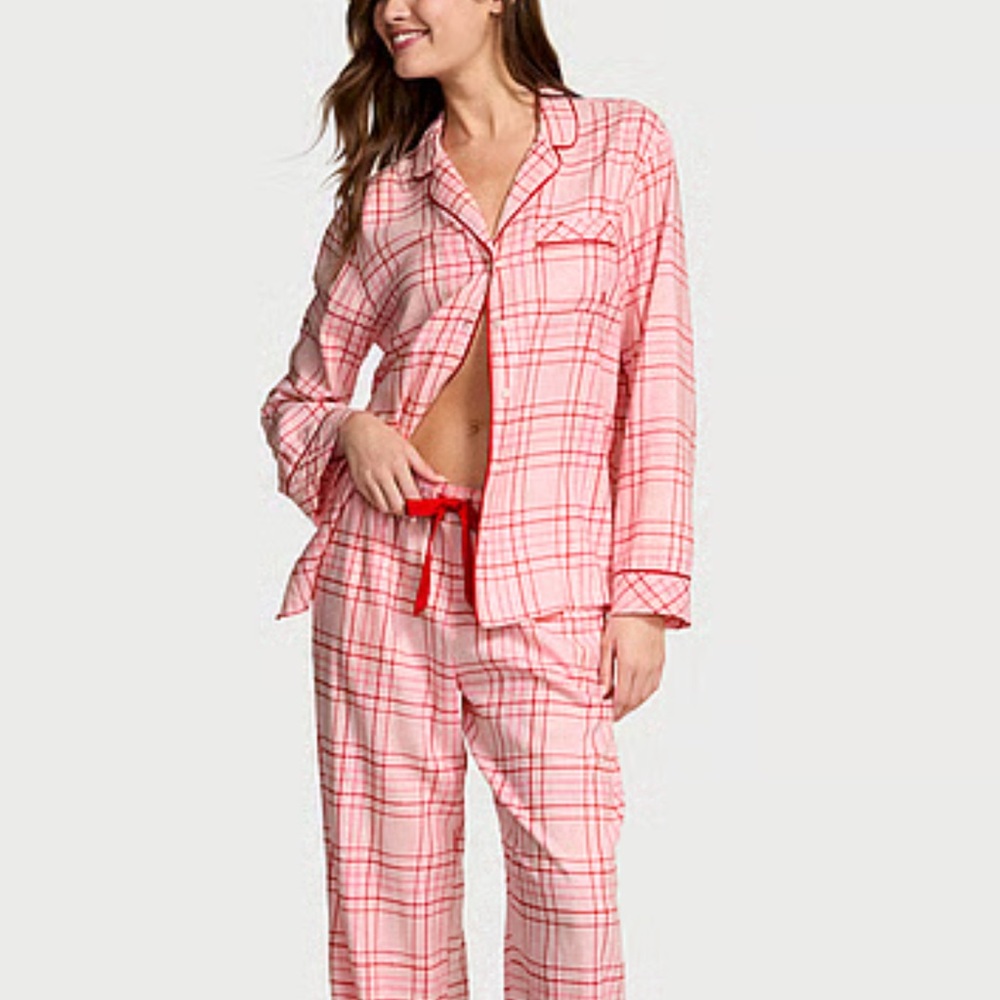 Women's Pink Plaid Button-Dow Flannel Long Pajama Set large regular nwt